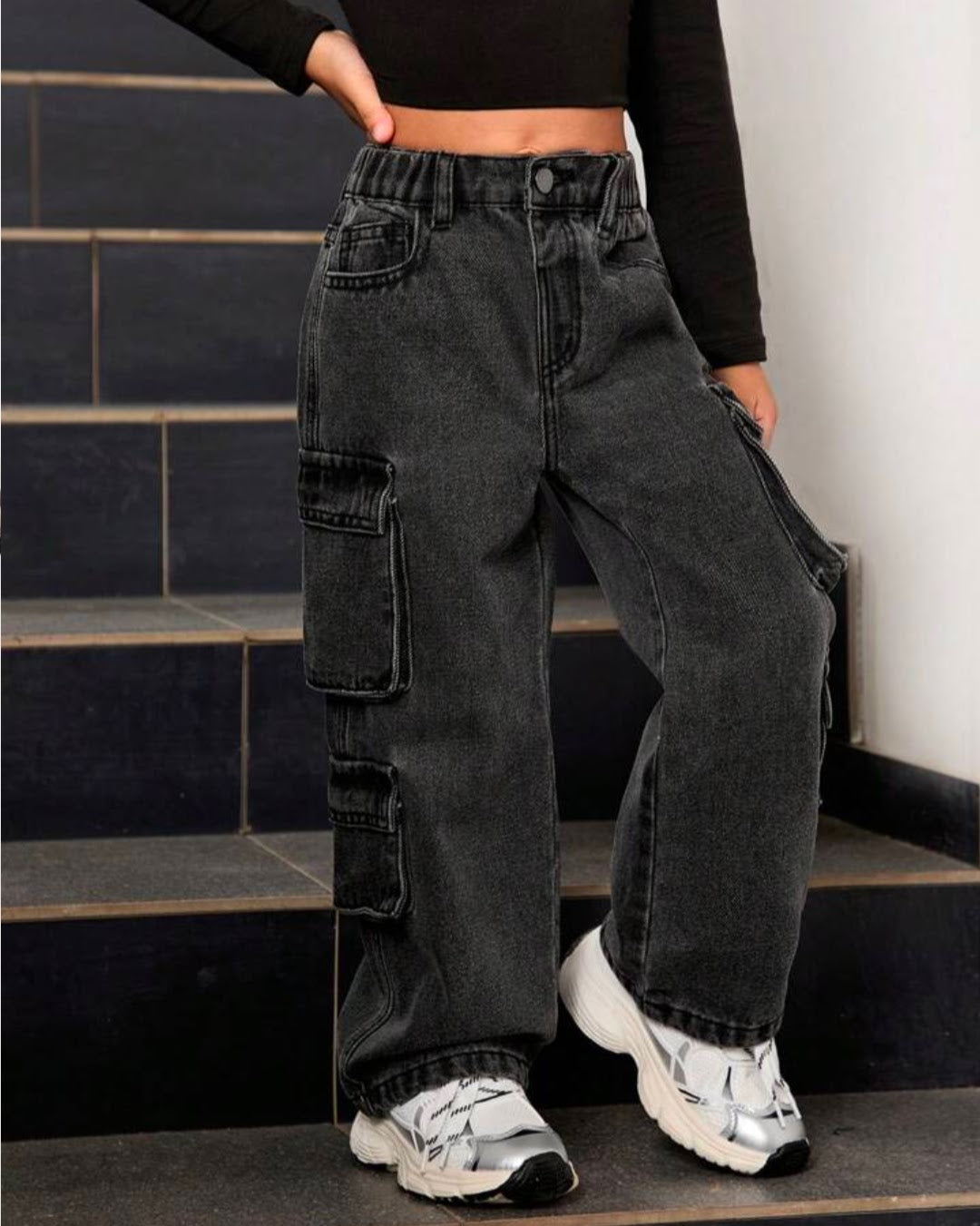 Women Black Cargo Wide Leg Jeans | High Waist Multi Pocket Streetwear Denim