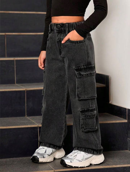 Women Black Cargo Wide Leg Jeans | High Waist Multi Pocket Streetwear Denim