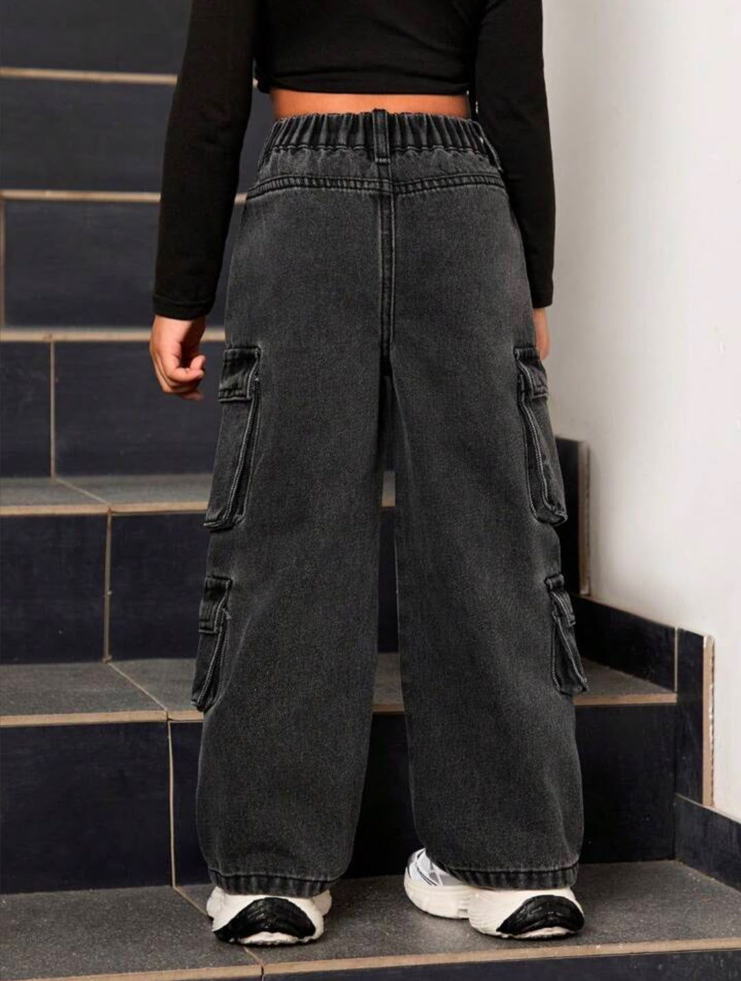 Women Black Cargo Wide Leg Jeans | High Waist Multi Pocket Streetwear Denim