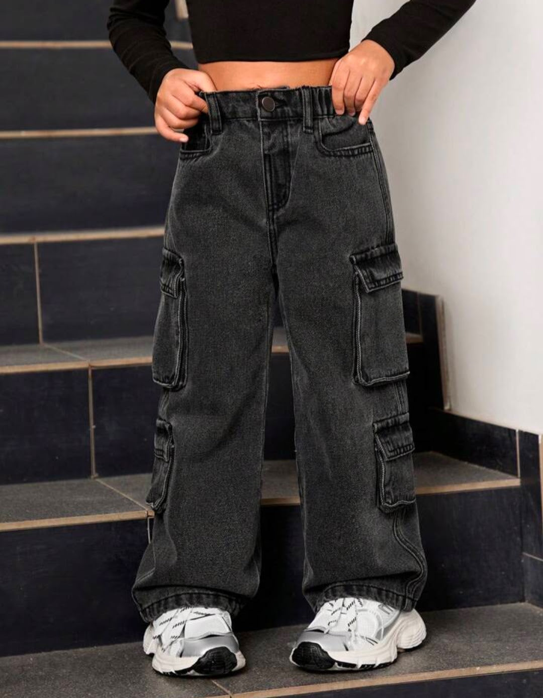 Women Black Cargo Wide Leg Jeans | High Waist Multi Pocket Streetwear Denim