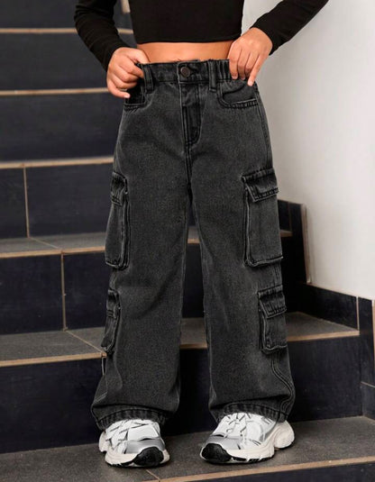 Women Black Cargo Wide Leg Jeans | High Waist Multi Pocket Streetwear Denim