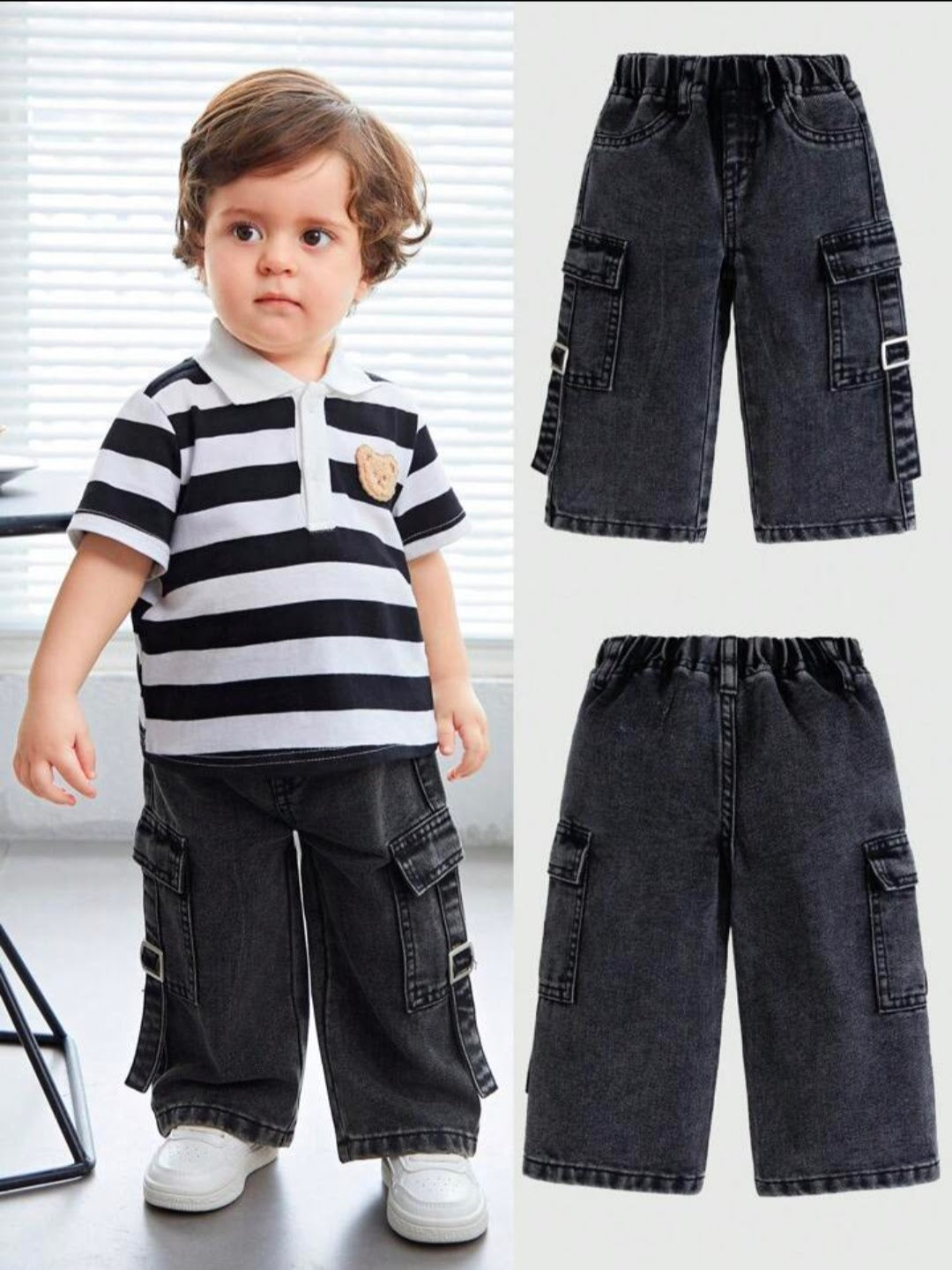 Kids Black Cargo Wide Leg Jeans – Elastic Waist Multi Pocket Streetwear Pants