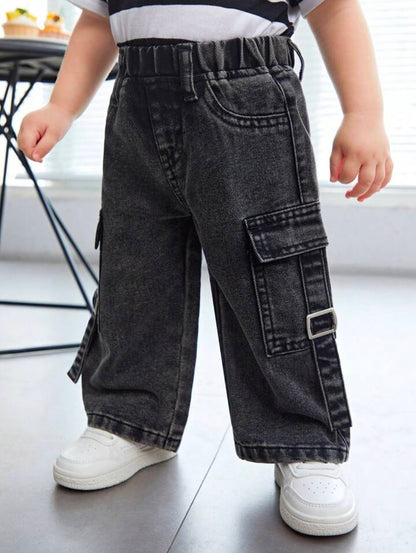 Kids Black Cargo Wide Leg Jeans – Elastic Waist Multi Pocket Streetwear Pants