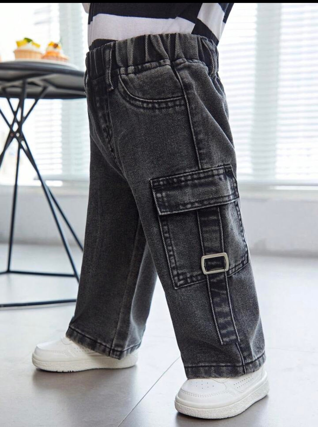 Kids Black Cargo Wide Leg Jeans – Elastic Waist Multi Pocket Streetwear Pants