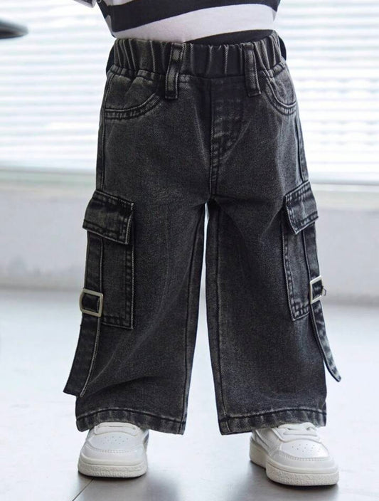 Kids Black Cargo Wide Leg Jeans – Elastic Waist Multi Pocket Streetwear Pants