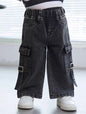 Kids Black Cargo Wide Leg Jeans – Elastic Waist Multi Pocket Streetwear Pants